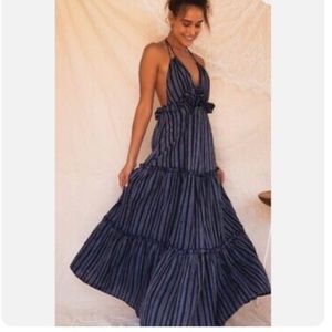 NWT Lulus Vacay Babe Navy Blue Striped Halter Maxi Dress SZ Small